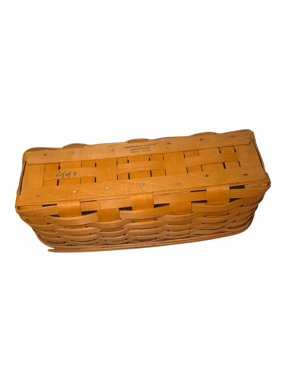 Longaberger Brown Woven Mail Basket with Decorative Ceramic Tag